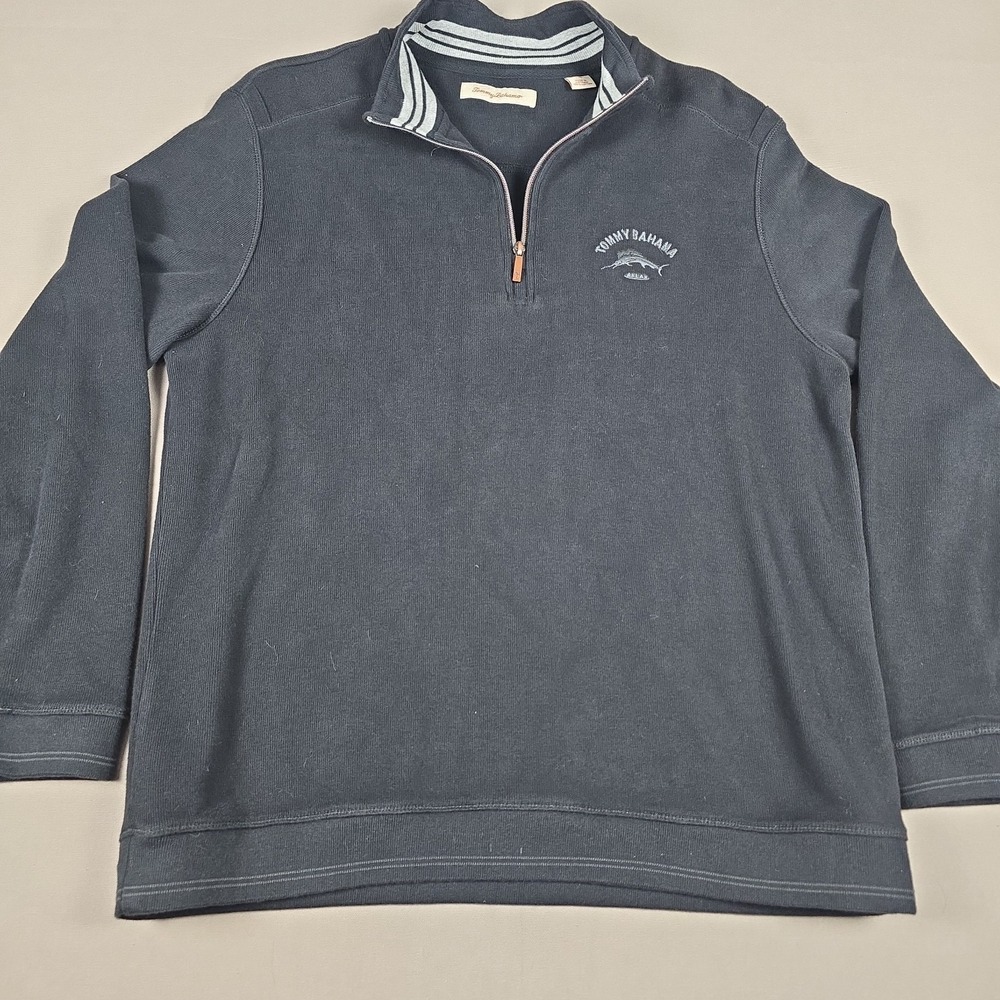 Tommy Bahama Men Large L Black Cotton 1/4 Zip Pullover Sweatshirt Marlin Logo